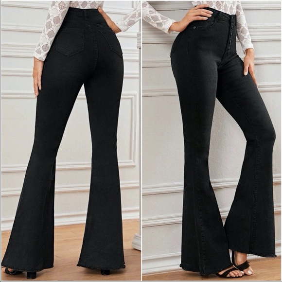 High Waisted Button Fitted Bell Bottom DARK BLUE - Picture 6 of 12